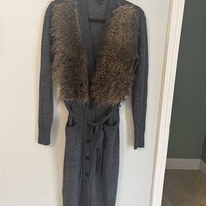 Ann Taylor- Gray Long Cardigan with Faux Fur Detail
